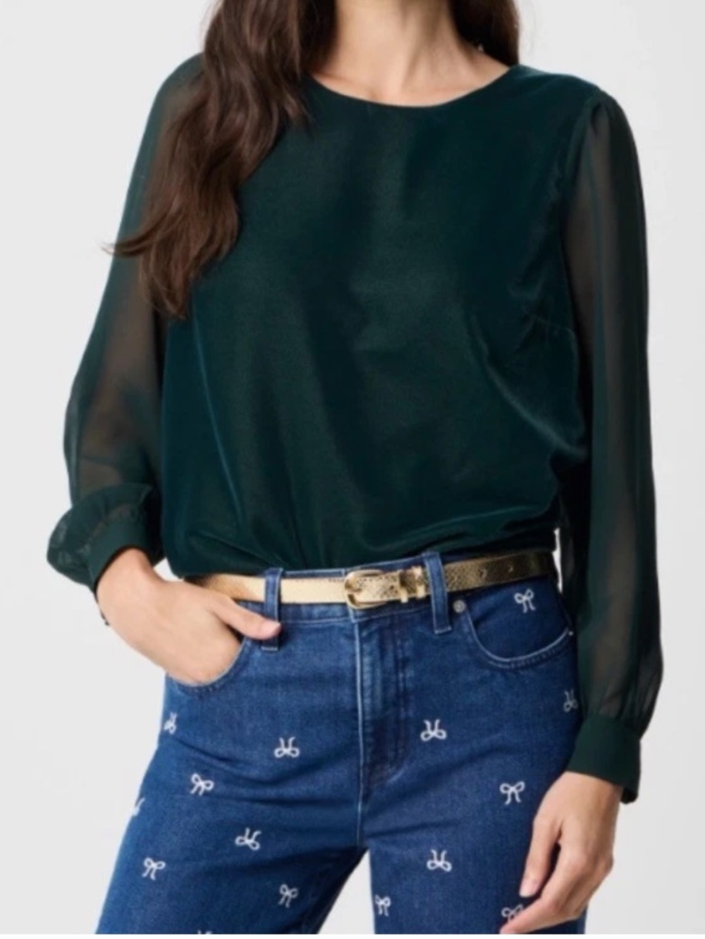 J crew NWT size 2X Dark Green velvet puff sheer sleeves Women's Blouse